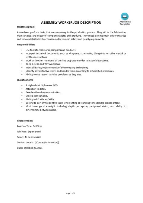 assembly line worker job description.